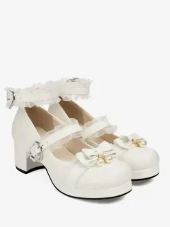 Sweet Lolita Footwear Escarpins Lolita en cuir PU à bout rond avec n艙uds roses