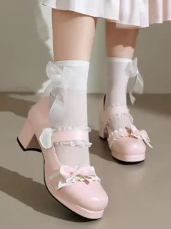 Sweet Lolita Footwear Escarpins Lolita à talons épais en cuir PU avec n艙uds noirs
