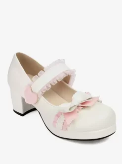Sweet Lolita Footwear Escarpins Lolita à talons épais en cuir PU avec n艙uds noirs
