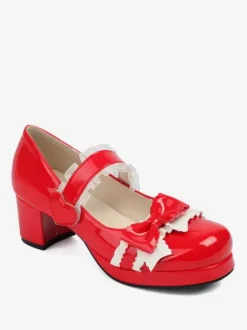 Sweet Lolita Footwear Escarpins Lolita à talons épais en cuir PU avec n艙uds noirs