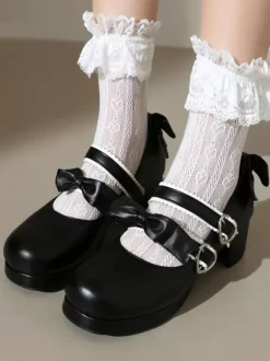 Sweet Lolita Footwear Escarpins Lolita à talons épais en cuir PU avec n艙uds noirs