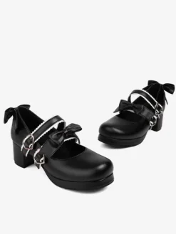 Sweet Lolita Footwear Escarpins Lolita à talons épais en cuir PU avec n艙uds noirs