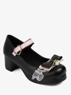 Sweet Lolita Footwear Escarpins Lolita à talons épais en cuir PU avec n艙uds roses