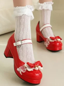 Sweet Lolita Footwear Escarpins Lolita à talons épais en cuir PU avec n艙uds roses