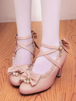 Sweet Lolita Footwear Pink Ruffles Bows Synthétique Leather Prism Heel Lolita Shoes Déguisements Halloween