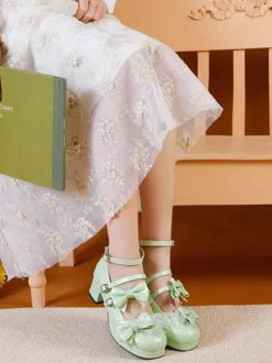 Sweet Lolita Footwear vert clair arcs bout rond en cuir PU pompes Lolita