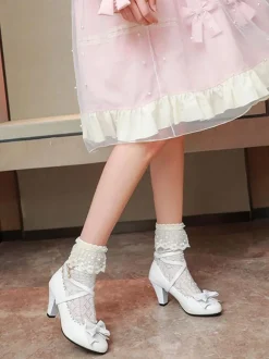 Sweet Lolita Footwear White Bows Synthétique Leather Prism Heel Lolita Shoes Déguisements Halloween