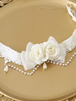 Sweet Lolita Accessoires Ecru White Pearls Rose Choker Divers
