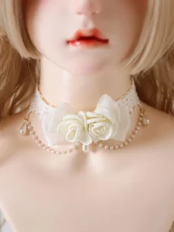 Sweet Lolita Accessoires Ecru White Pearls Rose Choker Divers