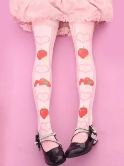 Sweet Lolita bas velours rose fraise Lolita imprimé chaussettes hautes Déguisements Halloween