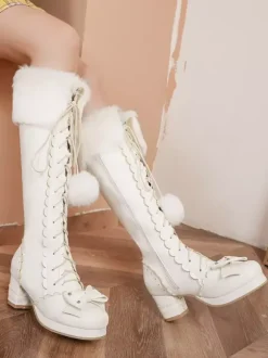Sweet Lolita Boots Bow Pom Poms Faux Fur Lace Up Chaussures Lolita