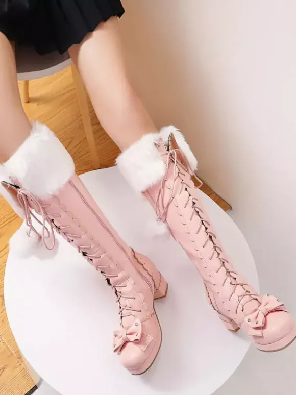Sweet Lolita Boots Bow Pom Poms Faux Fur Lace Up Chaussures Lolita