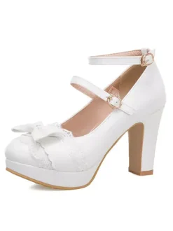 Sweet Lolita Chaussures Bow Lace Synthétique Plate-forme en cuir Synthétique Chunky Heel Lolita Shoes Déguisements Halloween