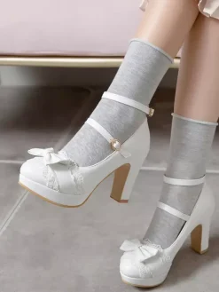 Sweet Lolita Chaussures Bow Lace Synthétique Plate-forme en cuir Synthétique Chunky Heel Lolita Shoes Déguisements Halloween