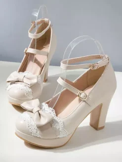 Sweet Lolita Chaussures Bow Lace Synthétique Plate-forme en cuir Synthétique Chunky Heel Lolita Shoes Déguisements Halloween