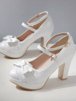 Sweet Lolita Chaussures Bow Lace Synthétique Plate-forme en cuir Synthétique Chunky Heel Lolita Shoes Déguisements Halloween