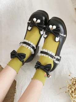 Sweet Lolita Chaussures Noir Bowknot PU Cuir Daily Casual Lolita Chaussures
