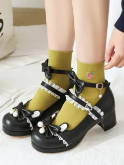 Sweet Lolita Chaussures Noir Bowknot PU Cuir Daily Casual Lolita Chaussures