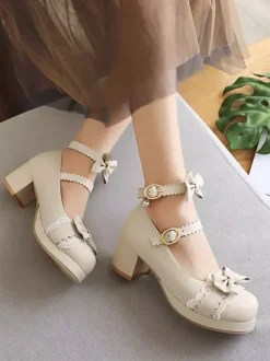 Sweet Lolita Footwear Bows Lace Synthétique Cuir Chunky Heel Lolita Pumps Déguisements Halloween