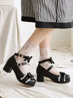 Sweet Lolita Footwear Bows Lace Synthétique Cuir Chunky Heel Lolita Pumps Déguisements Halloween