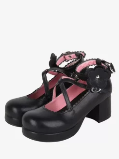 Sweet Lolita Footwear Chaussures Lolita en cuir PU à bout rond et n艙ud noir