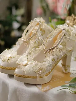 Sweet Lolita Footwear Ecru Blanc N艙uds Fleurs Dentelle PU Cuir Chunky Talon Escarpins Lolita
