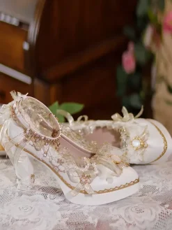 Sweet Lolita Footwear Ecru Blanc N艙uds Fleurs Dentelle PU Cuir Chunky Talon Escarpins Lolita