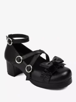 Sweet Lolita Footwear - Escarpins Lolita à talons épais en cuir PU avec n艙uds roses