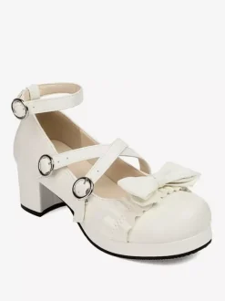 Sweet Lolita Footwear - Escarpins Lolita à talons épais en cuir PU avec n艙uds roses
