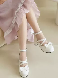 Sweet Lolita Footwear - Escarpins Lolita à talons épais en cuir PU avec n艙uds roses
