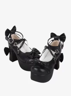 Sweet Lolita Footwear Escarpins Lolita en cuir PU à bout rond et n艙uds noirs