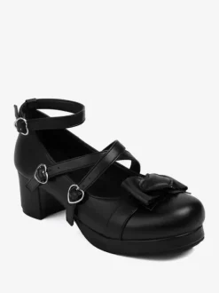 Sweet Lolita Footwear Escarpins Lolita en cuir PU à bout rond avec n艙uds blancs