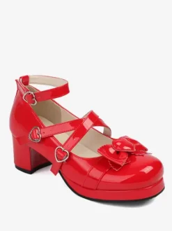 Sweet Lolita Footwear Escarpins Lolita en cuir PU à bout rond avec n艙uds blancs