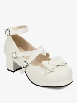 Sweet Lolita Footwear Escarpins Lolita en cuir PU à bout rond avec n艙uds blancs