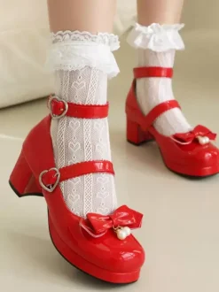 Sweet Lolita Footwear Escarpins Lolita en cuir PU à bout rond et n艙uds noirs