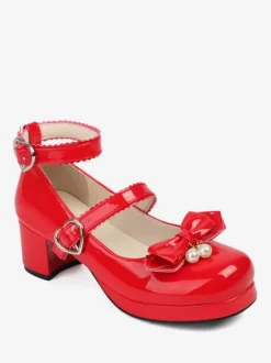 Sweet Lolita Footwear Escarpins Lolita en cuir PU à bout rond et n艙uds noirs
