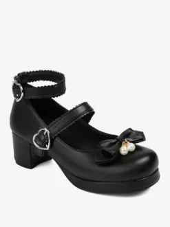 Sweet Lolita Footwear Escarpins Lolita en cuir PU à bout rond et n艙uds noirs
