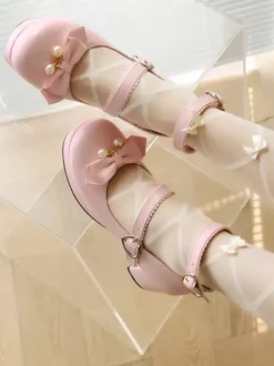 Sweet Lolita Footwear Escarpins Lolita en cuir PU à bout rond et n艙uds noirs