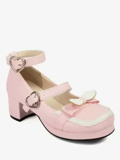 Sweet Lolita Footwear Escarpins Lolita à talons épais en cuir PU avec n艙uds rouges