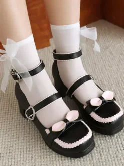 Sweet Lolita Footwear Escarpins Lolita à talons épais en cuir PU avec n艙uds rouges