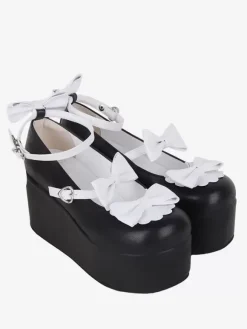 Sweet Lolita Footwear Escarpins Lolita à talons compensés en cuir PU bicolore avec papillon noir