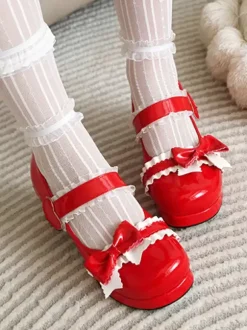 Sweet Lolita Footwear - Escarpins Lolita en cuir PU à bout rond et à volants roses