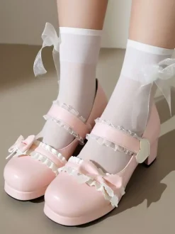 Sweet Lolita Footwear - Escarpins Lolita en cuir PU à bout rond et à volants roses