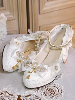 Sweet Lolita Footwear Perles blanches Chaînes N艙uds Bout pointu Escarpins Lolita en cuir PU