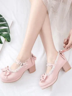 Sweet Lolita Footwear Pink Bows Escarpins en cuir Synthétique à gros talons Lolita Déguisements Halloween
