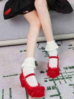 Sweet Lolita Footwear Pink Ruffles Bows Round Toe Suede Nap Lolita Shoes Déguisements Halloween