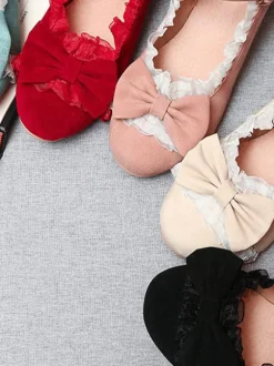 Sweet Lolita Footwear Pink Ruffles Bows Round Toe Suede Nap Lolita Shoes Déguisements Halloween