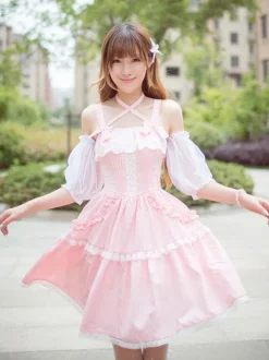 Sweet Lolita Robe dentelle volants en mousseline de soie Lolita Jumper Skirt Déguisements Halloween