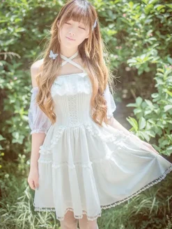Sweet Lolita Robe dentelle volants en mousseline de soie Lolita Jumper Skirt Déguisements Halloween