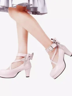 Sweet Lolita Shoes Talons à plateforme Bow Toe Round Cross Front Lolita Pompes